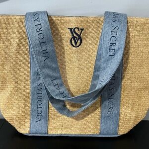 Victoria's Secret Woven Tan Tote with Blue Straps